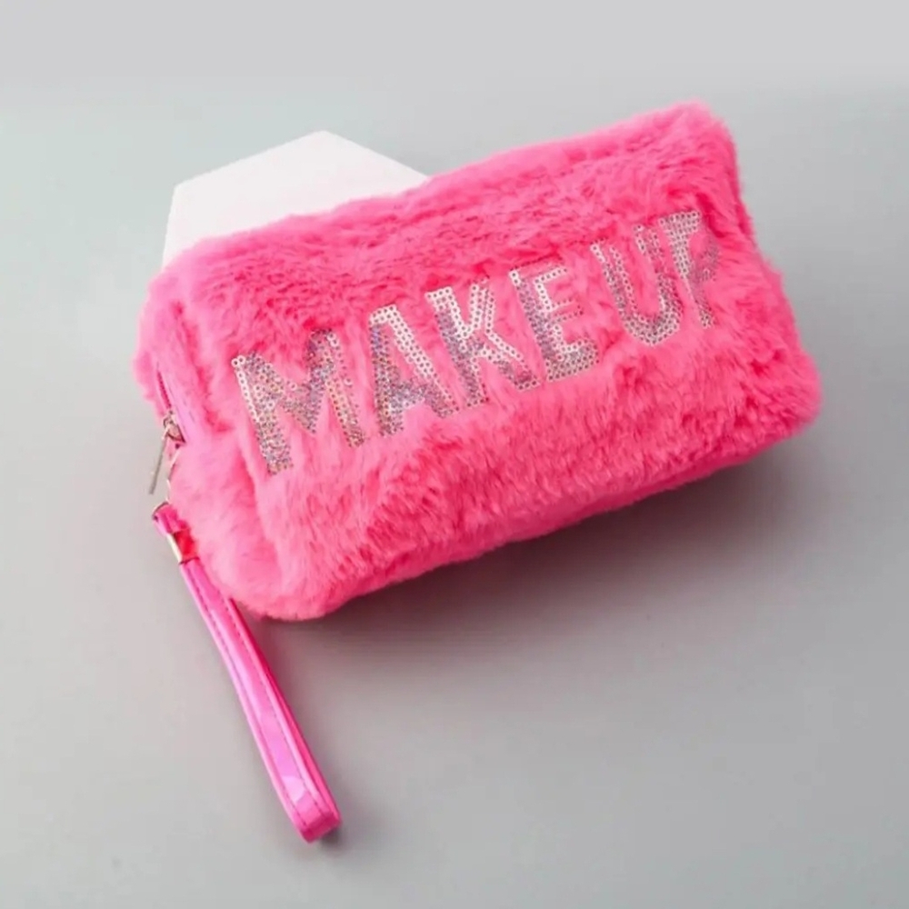Pink Furry Makeup Bag